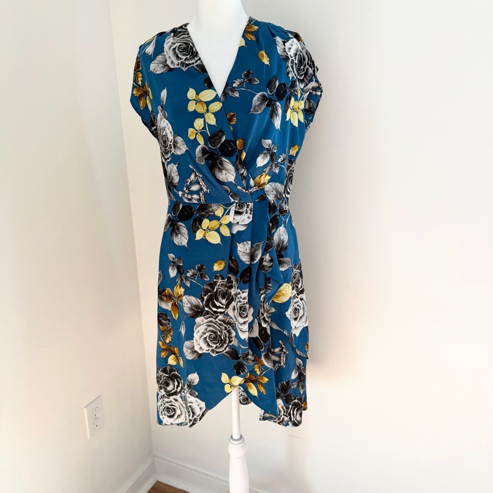 RACHEL Rachel Roy Teal Floral Wrap Dress with Yellow Accents